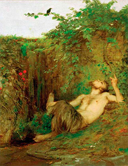Арнольд Бёклин. Фавн, подпевающий дрозду. 1863 г.